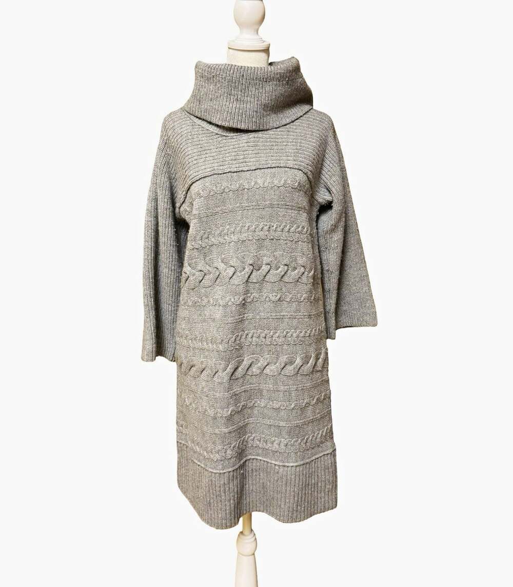 Banana Republic Merino Wool Cable Knit Cowl Neck Sweater Dress Gray L RN54023
